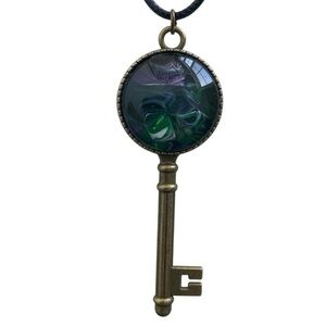 Handmade Fluid Art Key Pendant Necklace Green Purple Antique Style
